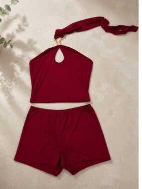 Women's Burgundy Halter Sleep Set with Keyhole Top